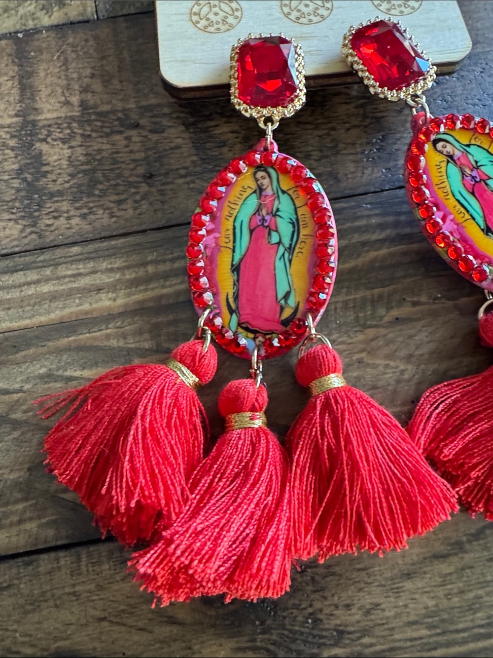 Our Lady Red Tassel Statement Earrings - Picture 3 of 4